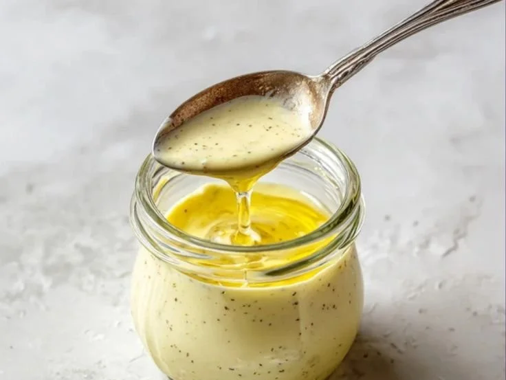 Creamy lemon dressing in a glass jar with fresh ingredients