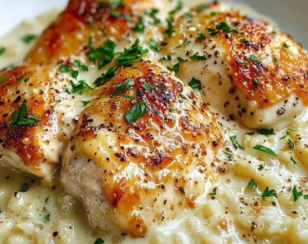 Creamy Parmesan Chicken with Rice served in a skillet, garnished with herbs.