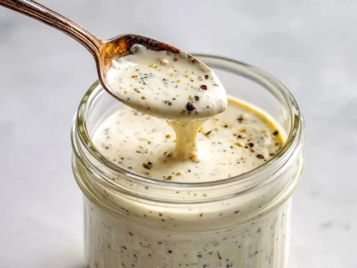 Creamy Parmesan Peppercorn Dressing in a glass jar with herbs