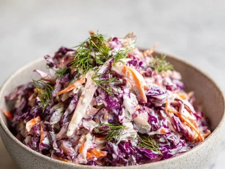 A vibrant bowl of creamy red cabbage slaw with fresh ingredients.