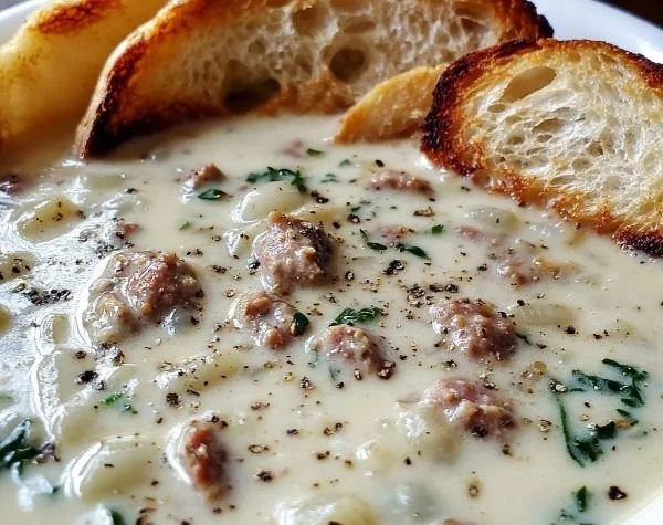 Creamy sausage soup garnished with herbs in a bowl