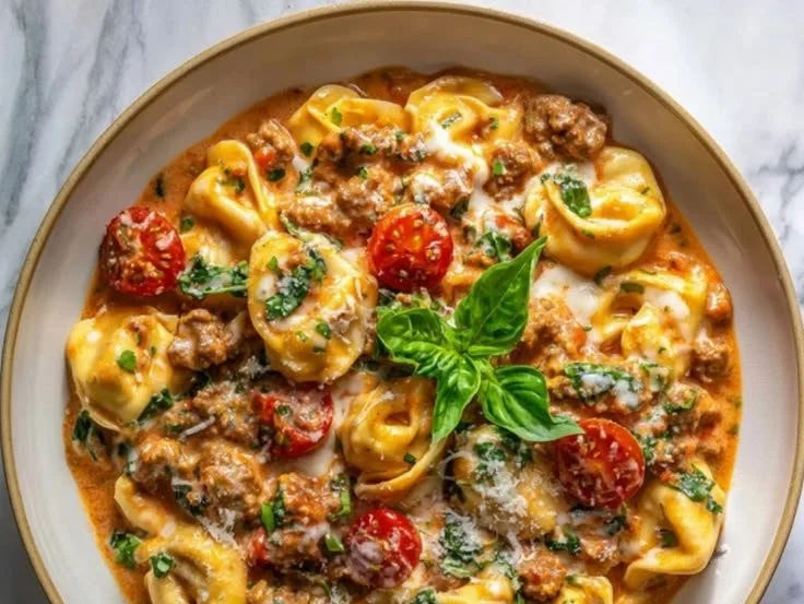 Creamy sausage tortellini dish served in a bowl with fresh herbs