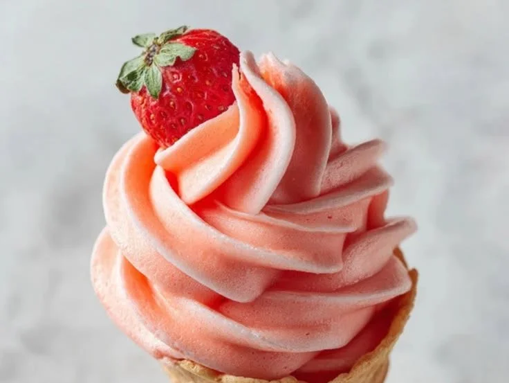 Delicious creamy strawberry soft serve in a waffle cone