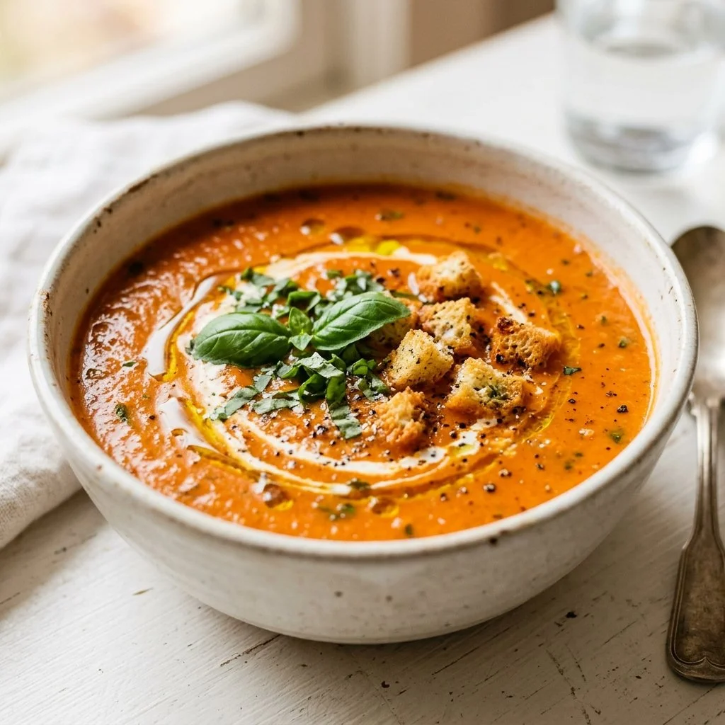 Bowl of creamy tomato basil soup garnished with fresh basil leaves