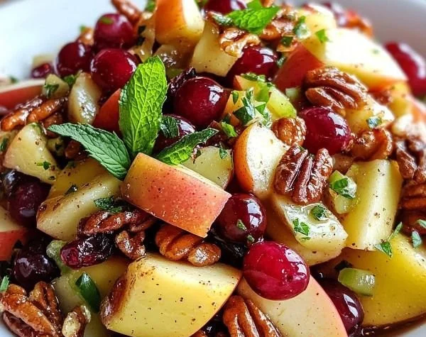 Crisp apple salad with grapes, pecans, and dried cranberries served in a bowl.