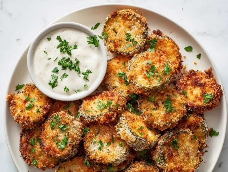 Crispy air fryer fried pickles served with dipping sauce