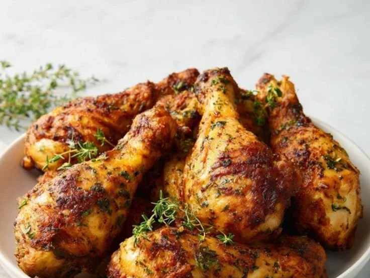Crispy baked chicken legs served with a side of vegetables