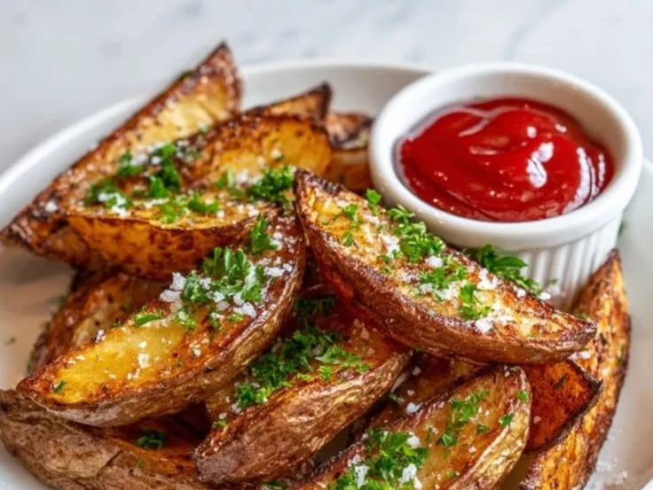 Crispy baked potato wedges seasoned and served hot on a plate