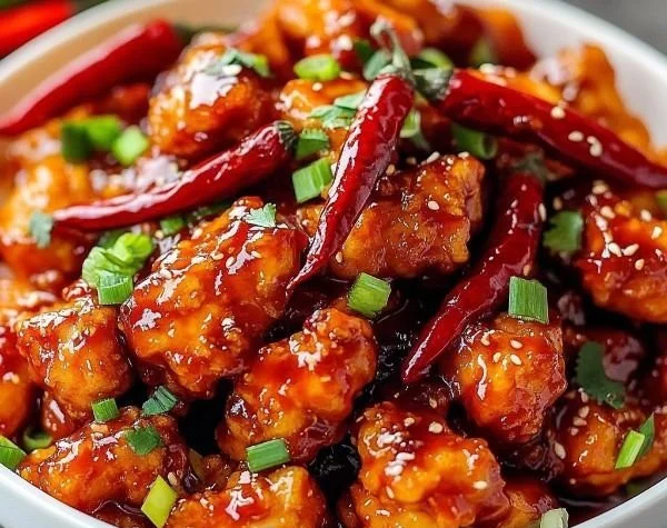 Plate of crispy chilli chicken garnished with green onions and served with sauce