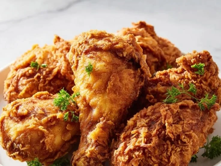 Homemade crispy fried chicken served with sides on a rustic table