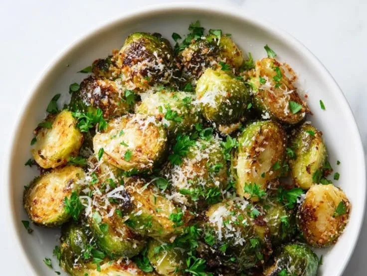 Crispy Parmesan Brussels Sprouts garnished and ready to serve