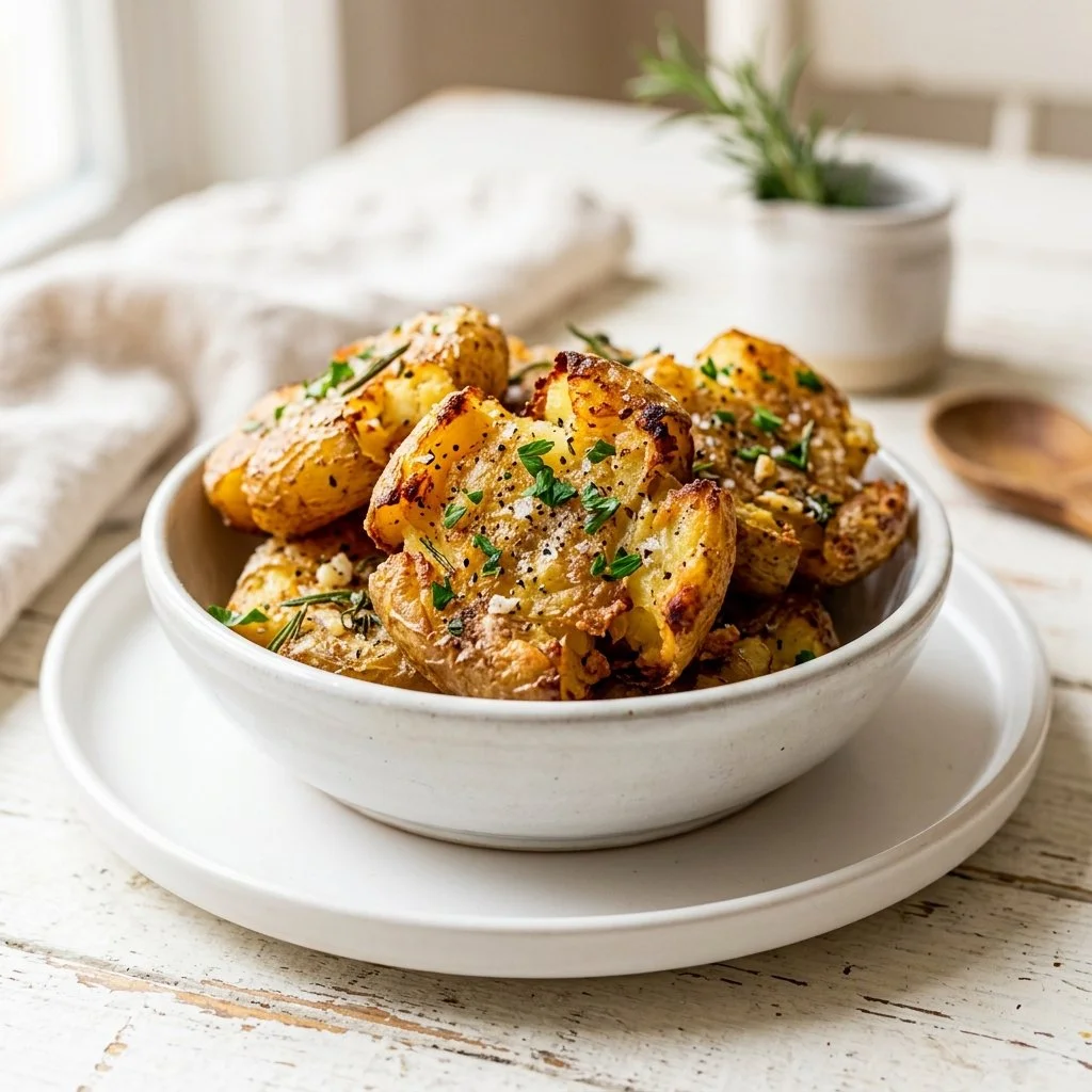Delicious crispy smashed potatoes topped with herbs and spices