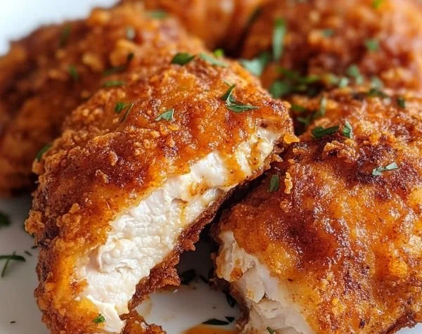 Plate of crispy spicy buttermilk fried chicken garnished with herbs