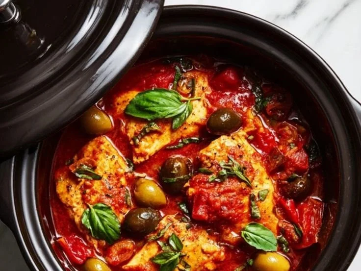 Delicious Crockpot Chicken Cacciatore served with fresh herbs and vegetables
