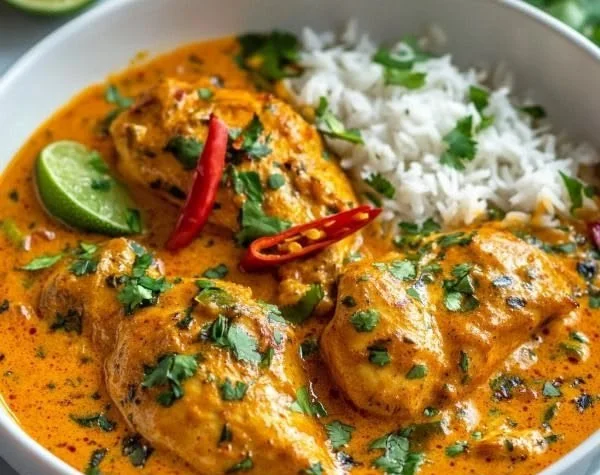Delicious Crockpot Coconut Chicken Curry in a bowl with fresh herbs