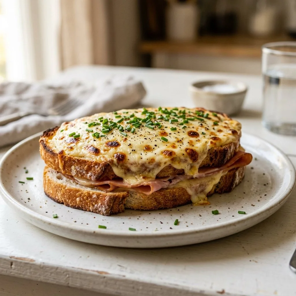 Delicious homemade Croque Monsieur sandwich with ham and cheese