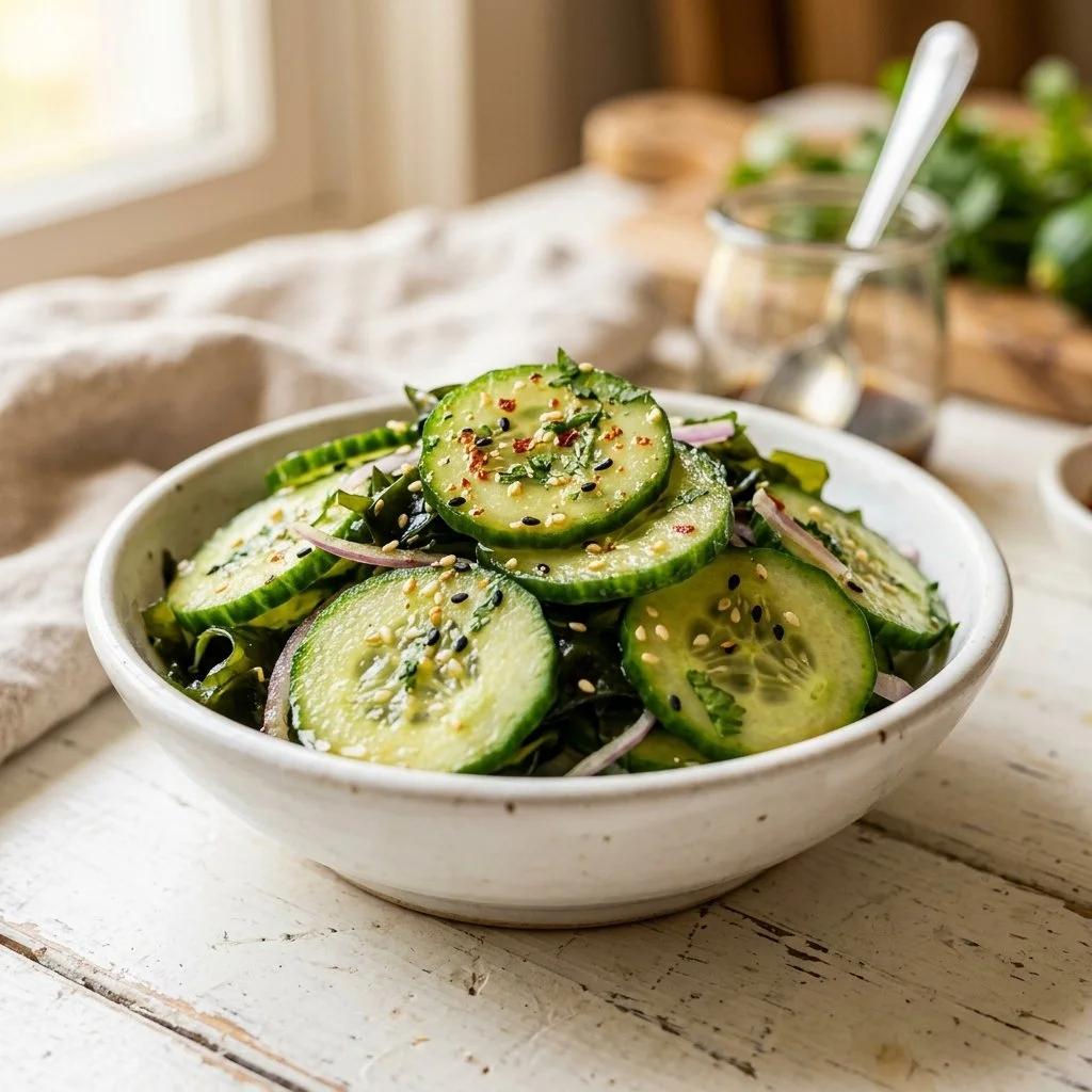 Delicious homemade cucumber salad with fresh vegetables in a bowl