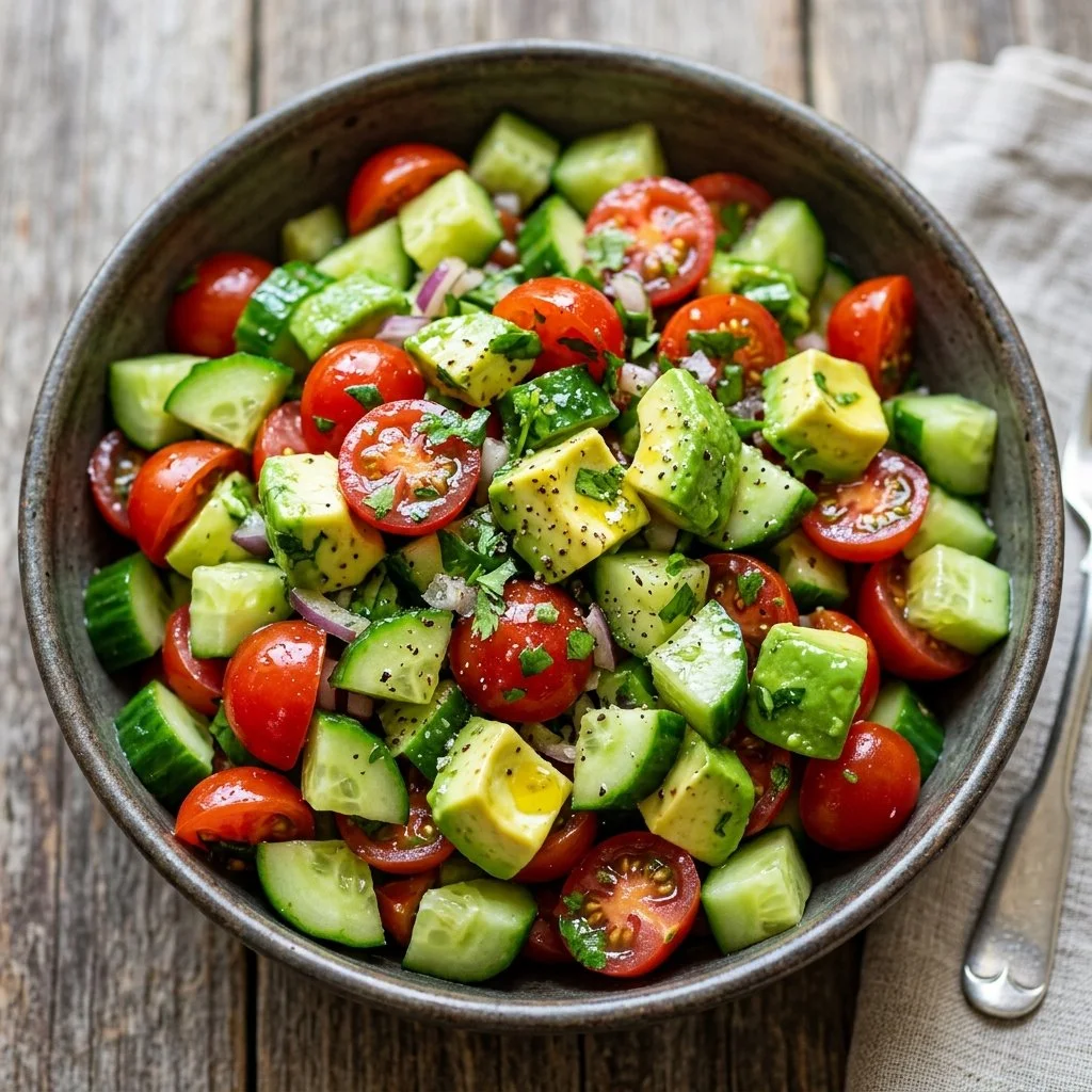 Fresh Cucumber Tomato Avocado Salad in a bowl, garnished and ready to serve.