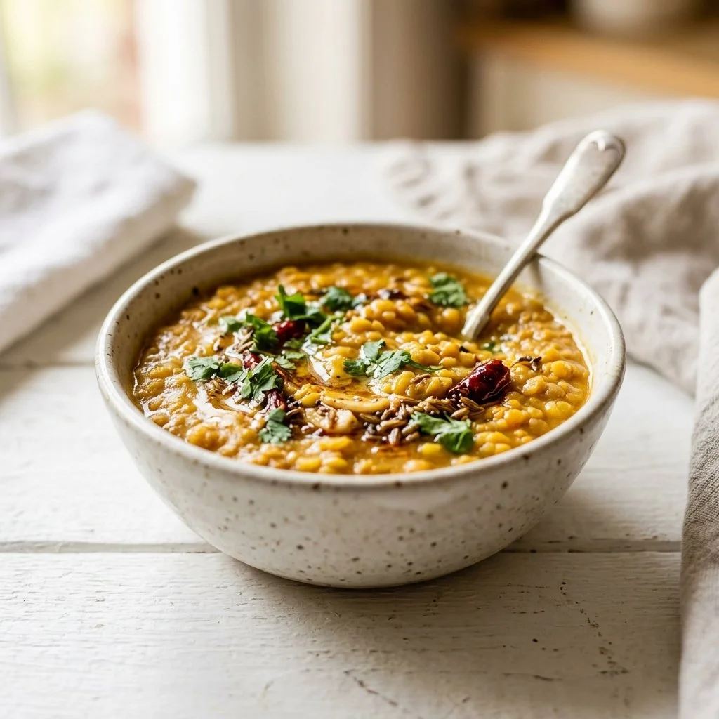 A bowl of flavorful homemade dal served with rice and garnished with herbs.