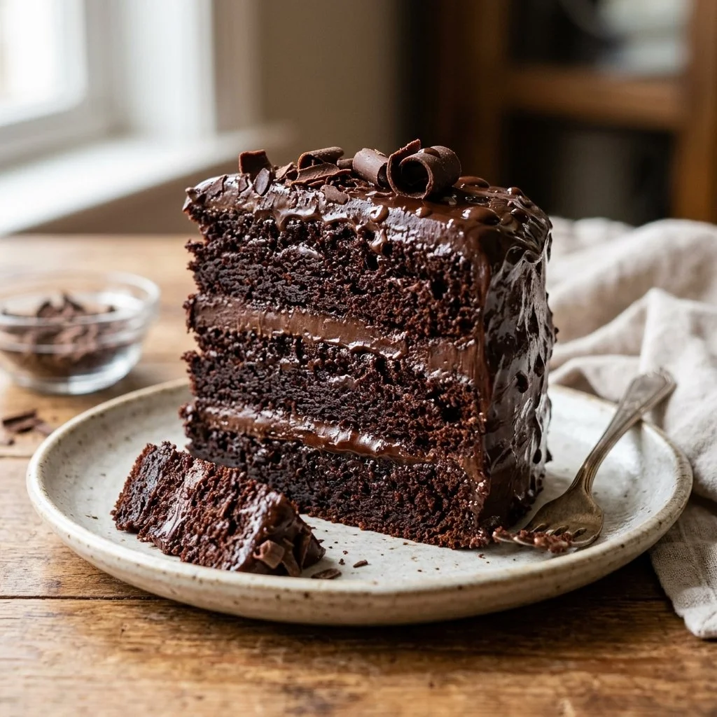 Decadent Death by Chocolate Cake with rich chocolate frosting and layers.