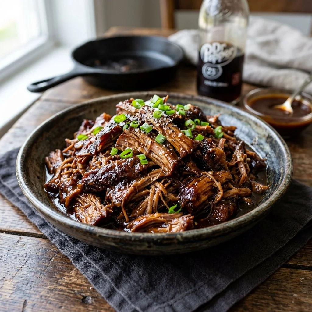 Delicious Dr Pepper Pulled Pork served with barbecue sauce and buns