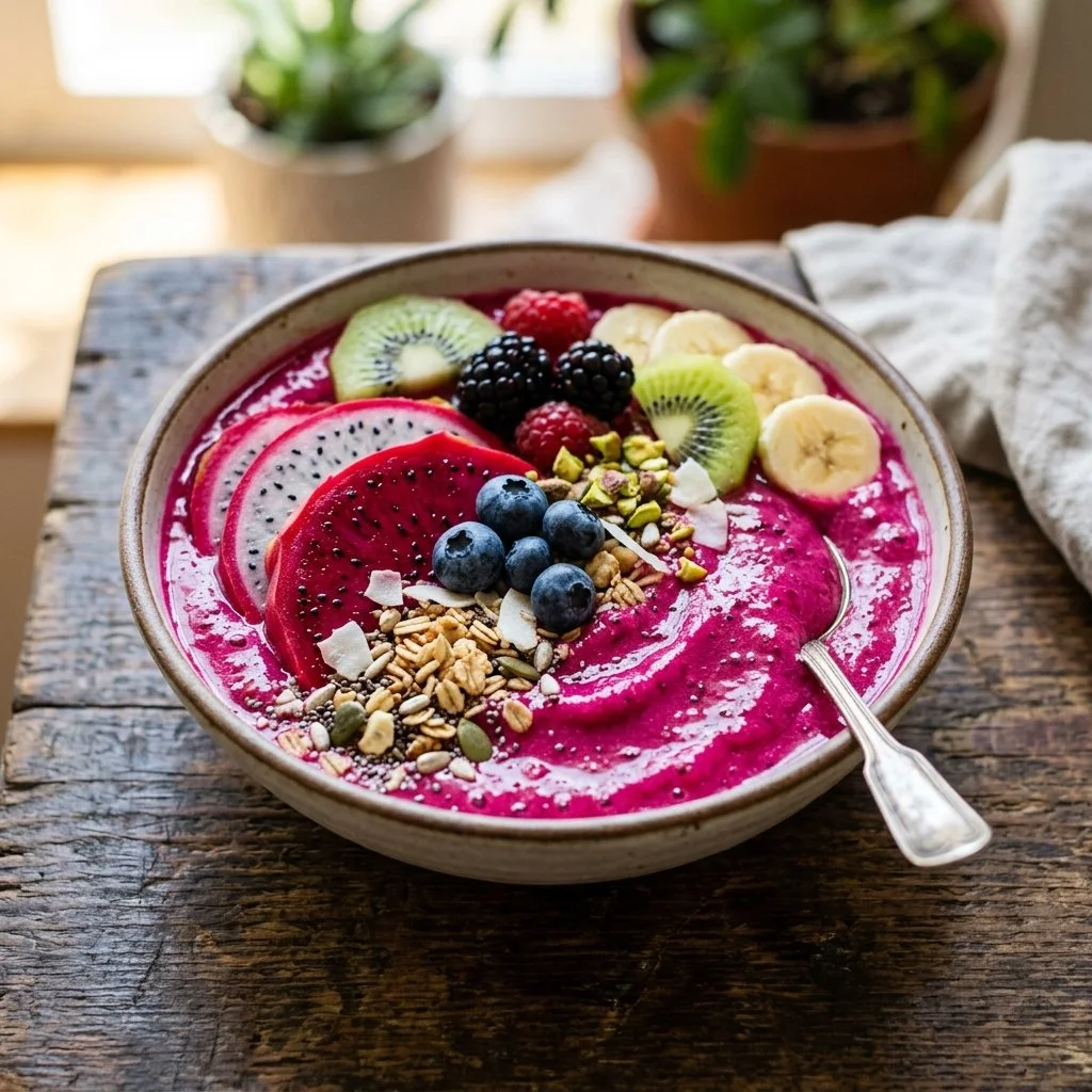 Colorful dragon fruit smoothie bowl topped with fresh fruits and nuts