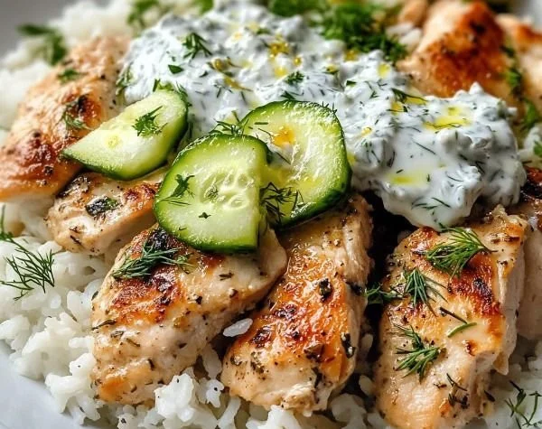 Delicious Dump and Bake Chicken Tzatziki Rice recipe prepared in a baking dish.