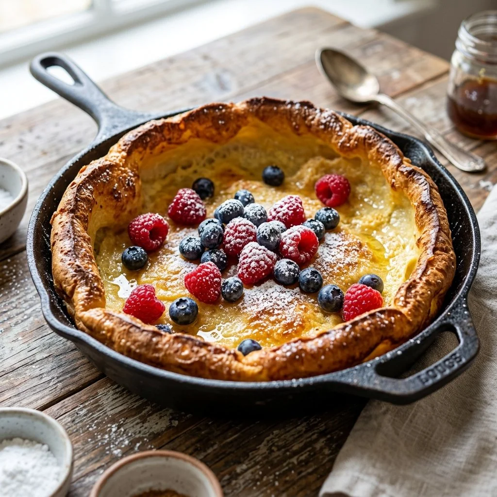 Fluffy and golden Dutch Baby Pancake topped with fruit and powdered sugar