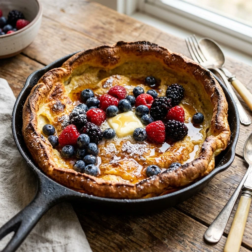 Delicious Dutch Baby pancake topped with fresh fruit and powdered sugar
