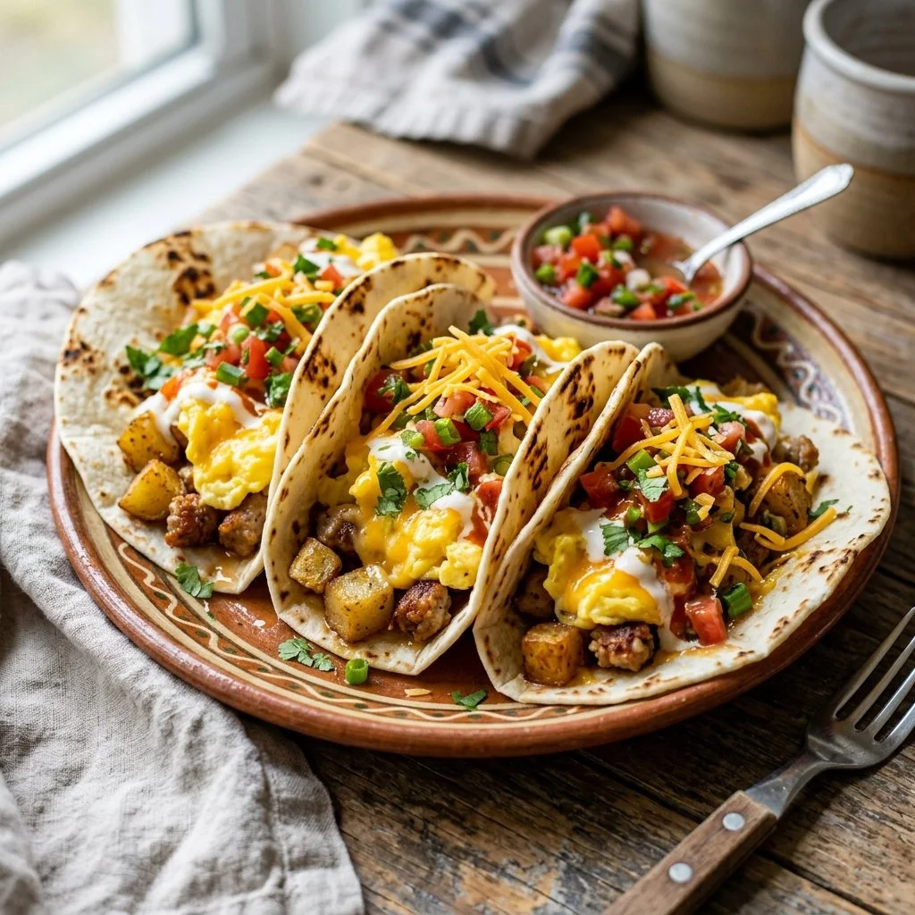 Easy breakfast tacos recipe with eggs, cheese, and veggies