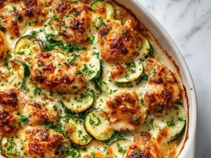 Delicious easy chicken zucchini bake served in a dish