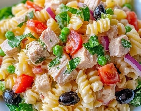 Easy tuna pasta salad in a bowl with vegetables and dressing