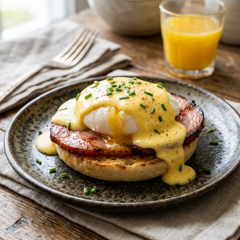 Delicious Eggs Benedict topped with creamy hollandaise sauce and garnished with herbs