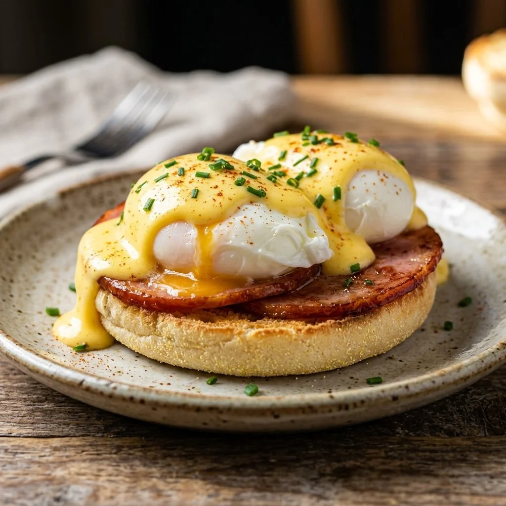 Delicious Eggs Benedict served with hollandaise sauce and garnished with herbs.