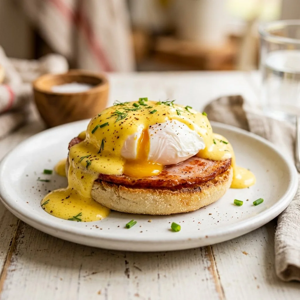 Delicious Eggs Benedict served on a plate with hollandaise sauce.