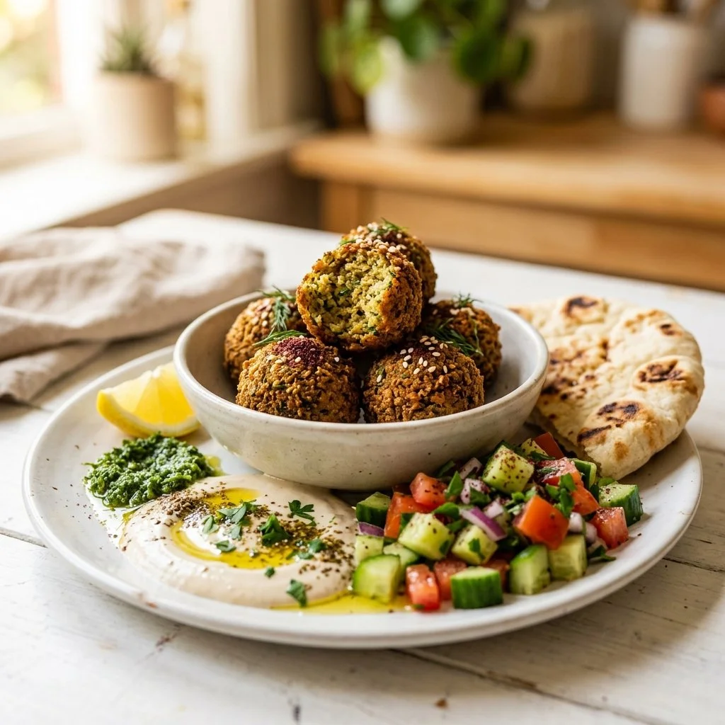 Homemade falafel served with fresh vegetables and tahini sauce