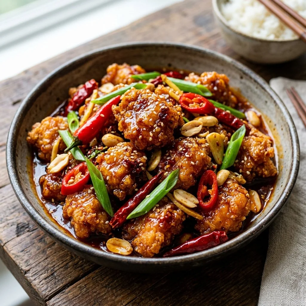 Plate of spicy Firecracker Chicken garnished with green onions and sesame seeds.