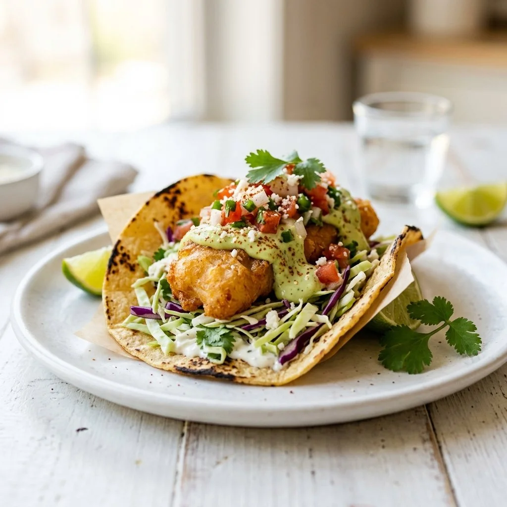 Homemade fish tacos topped with fresh ingredients and served on corn tortillas
