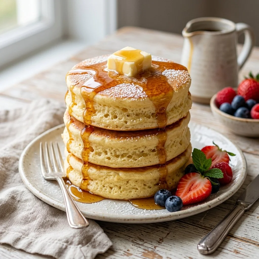 Fluffy Japanese pancakes stacked and drizzled with syrup on a plate.