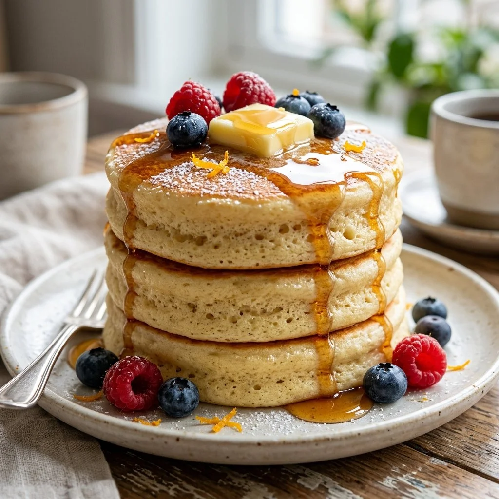 Fluffy Japanese pancakes served with syrup and berries