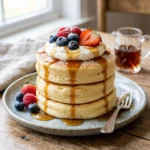 Stack of fluffy Japanese pancakes topped with syrup and berries.