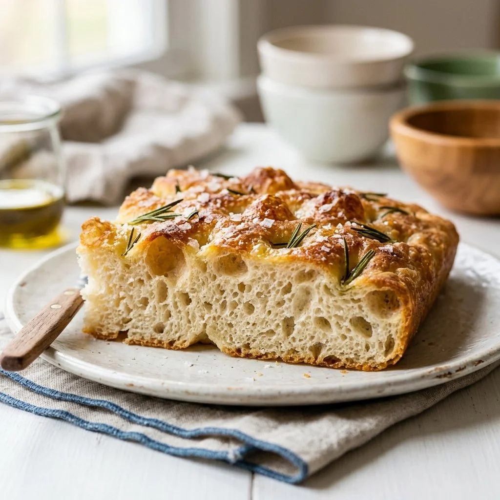Delicious homemade focaccia bread topped with herbs and olive oil.