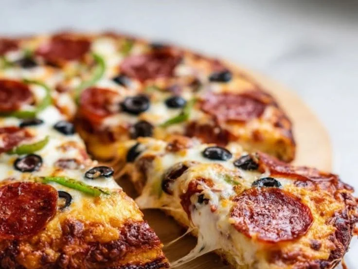 Four-ingredient keto pizza recipe with low carb crust and toppings.