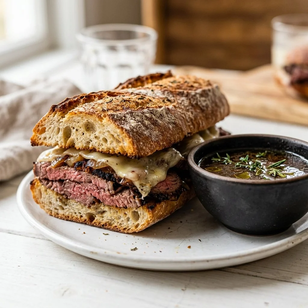 Delicious French Dip Sandwich with juicy beef and au jus for dipping