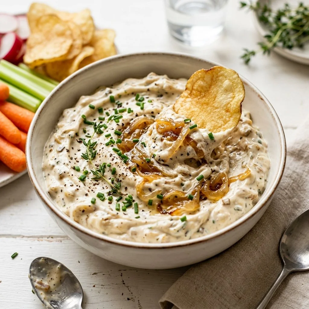Delicious homemade French onion dip served with chips in a bowl.