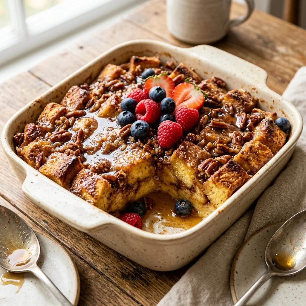 Delicious French Toast Casserole topped with powdered sugar and berries