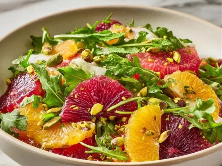 Fresh citrus and arugula salad with colorful fruits and greens