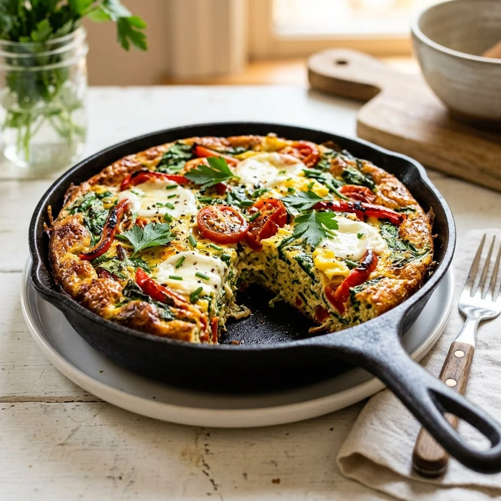 Delicious homemade frittata with fresh vegetables and herbs