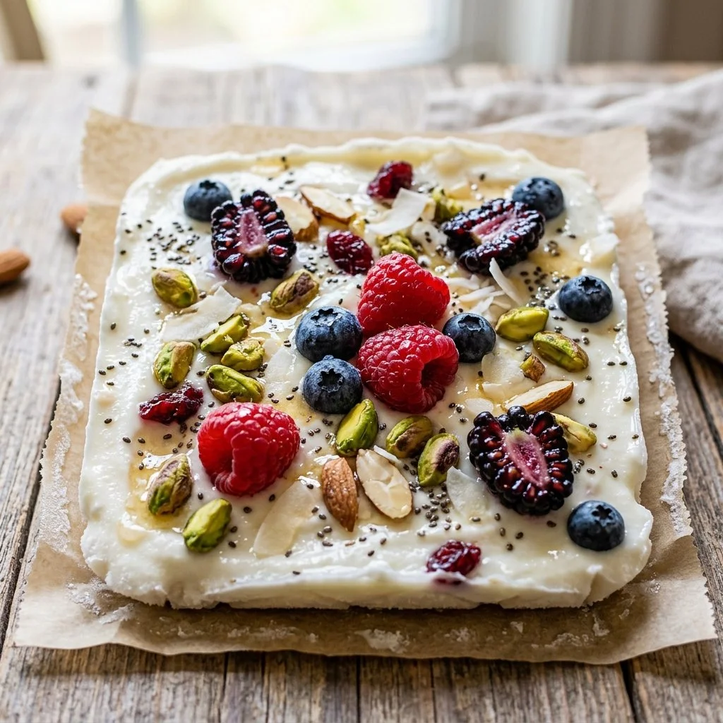 Delicious frozen yogurt bark topped with fruits and nuts