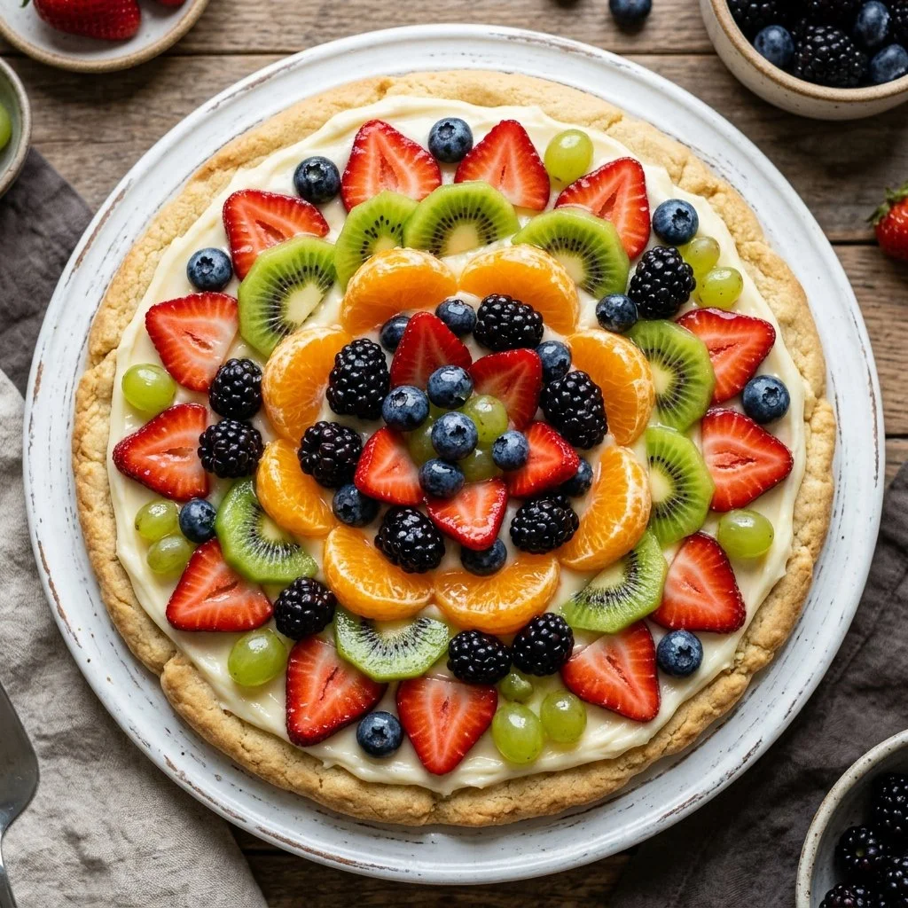 Colorful fruit pizza topped with strawberries, blueberries, and kiwi slices.